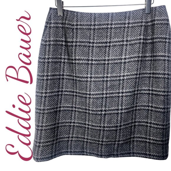 EDDIE BAUER VINTAGE Y2K WOOL HOUNDSTOOTH PLAID PENCIL SKIRT DARK ACEDEMIA, 8 - Picture 1 of 7